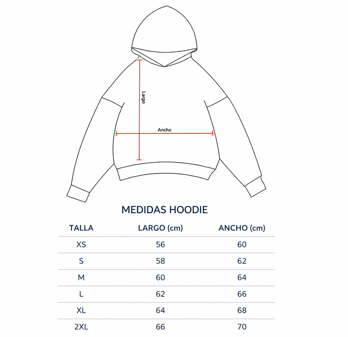 Guía de medidas Hoodie Boxy Fit XS-XXL