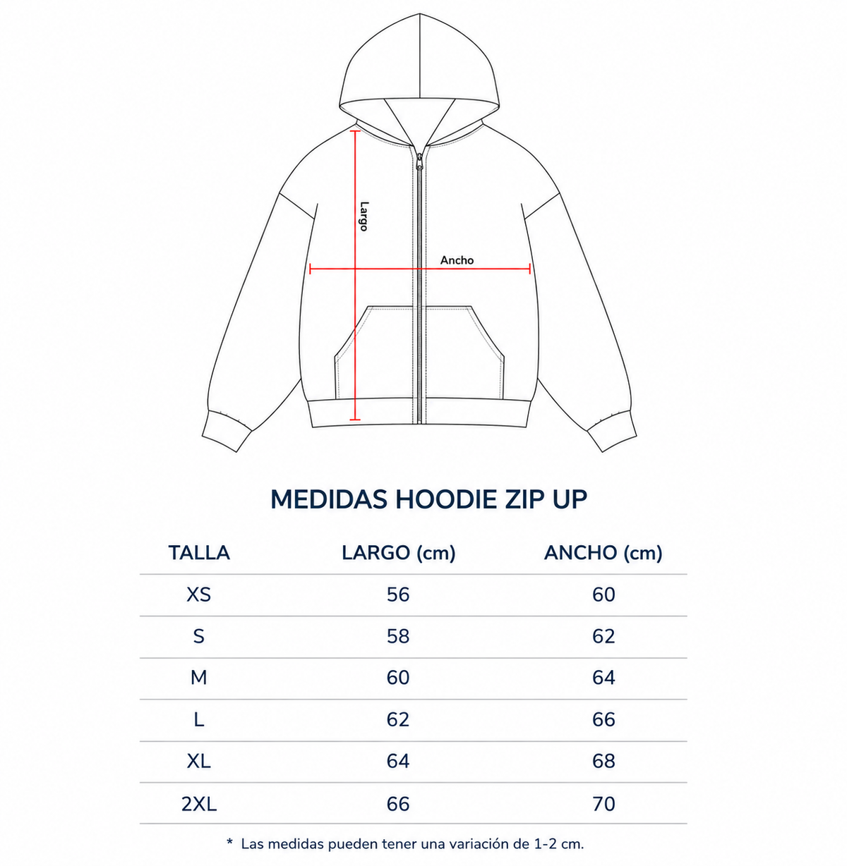 Guía de medidas Hoodie Zipper XS-2XL